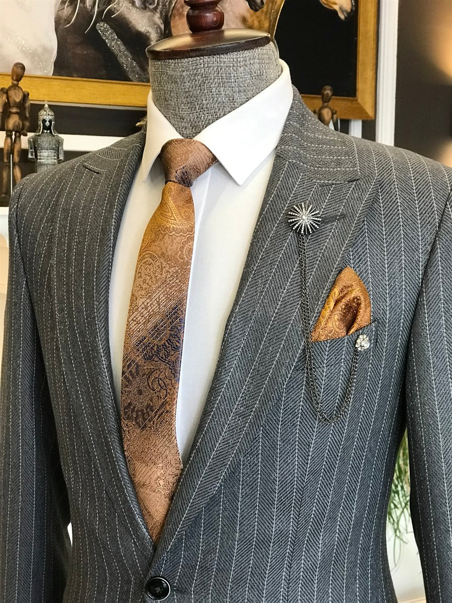 Bojoni Grey Striped Slim-Fit Suit 2-Piece 