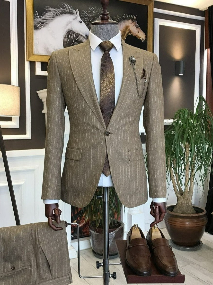 Bojoni Camel Striped Slim-Fit Suit 2-Piece 