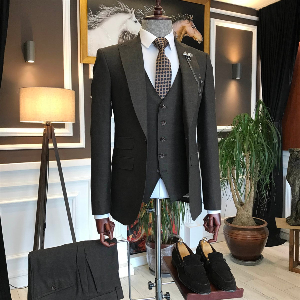 Bojoni Brown Plaid Slim-Fit Suit 3-Piece 