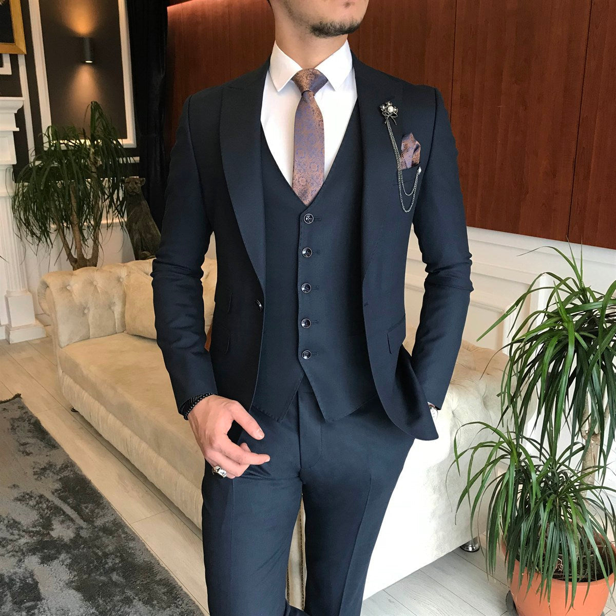 Bojoni Navy Slim-Fit Suit 3-Piece 