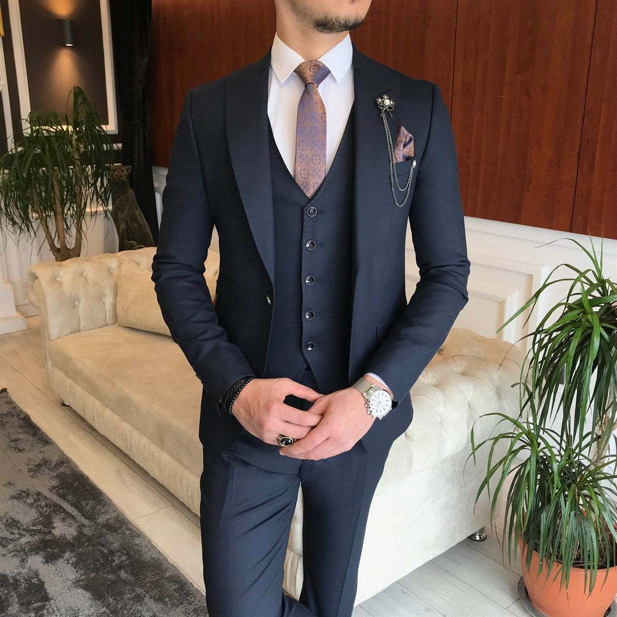 Bojoni Navy Slim-Fit Suit 3-Piece 