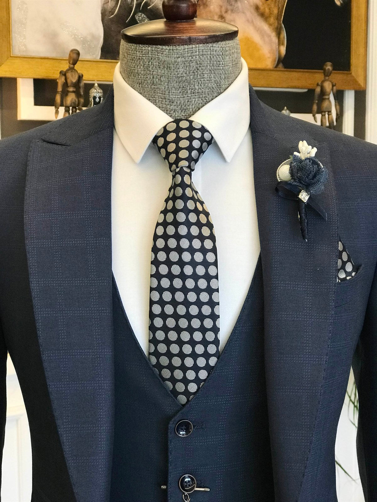 Bojoni Navy Plaid Slim-Fit Suit 3-Piece 
