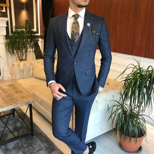 Bojoni Navy Plaid Slim-Fit Suit 3-Piece 