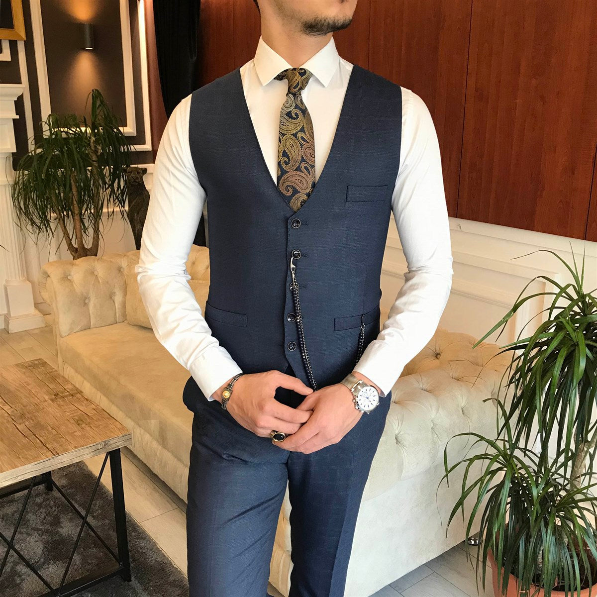 Bojoni Navy Plaid Slim-Fit Suit 3-Piece 