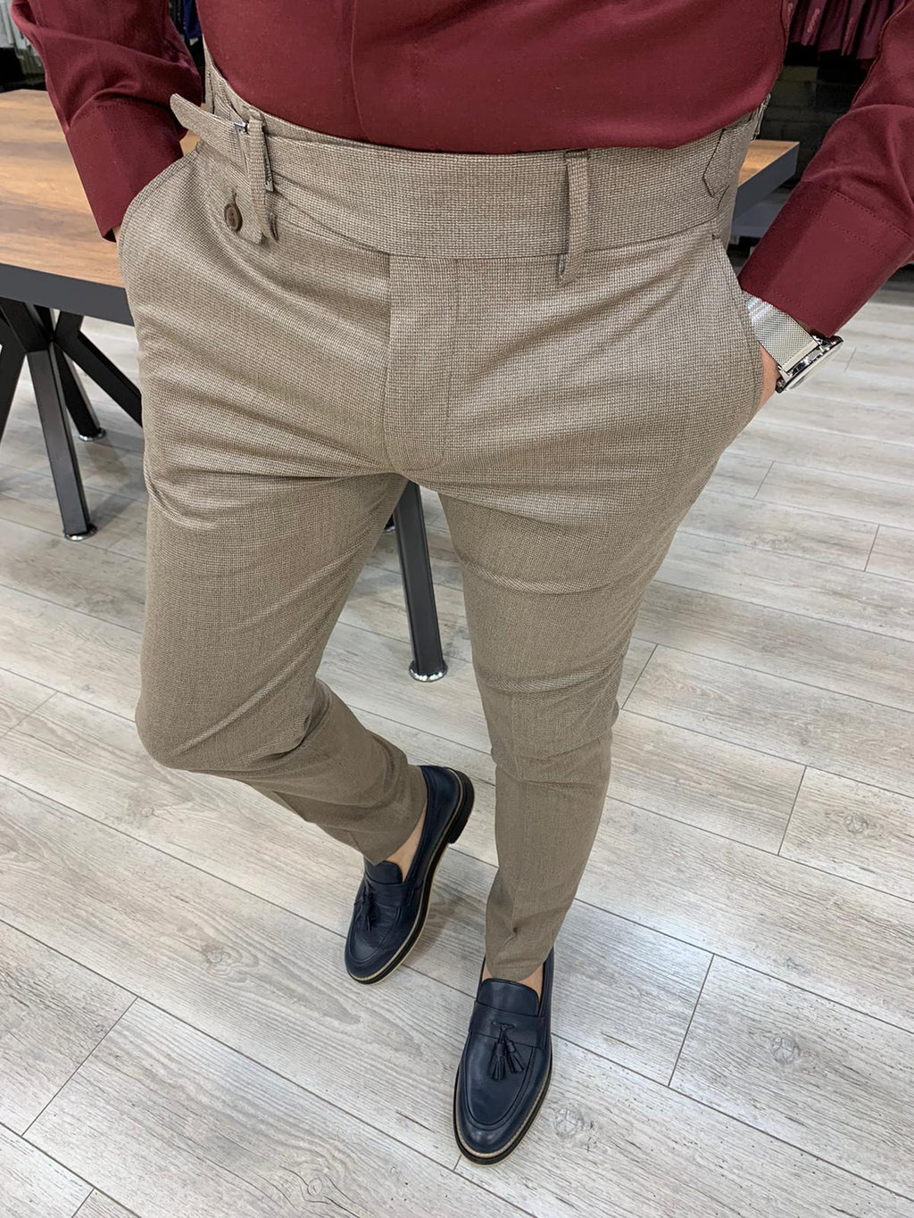 Ferrar Double Light Brown Pleated Buckled Pants-baagr.myshopify.com-Pants-BOJONI