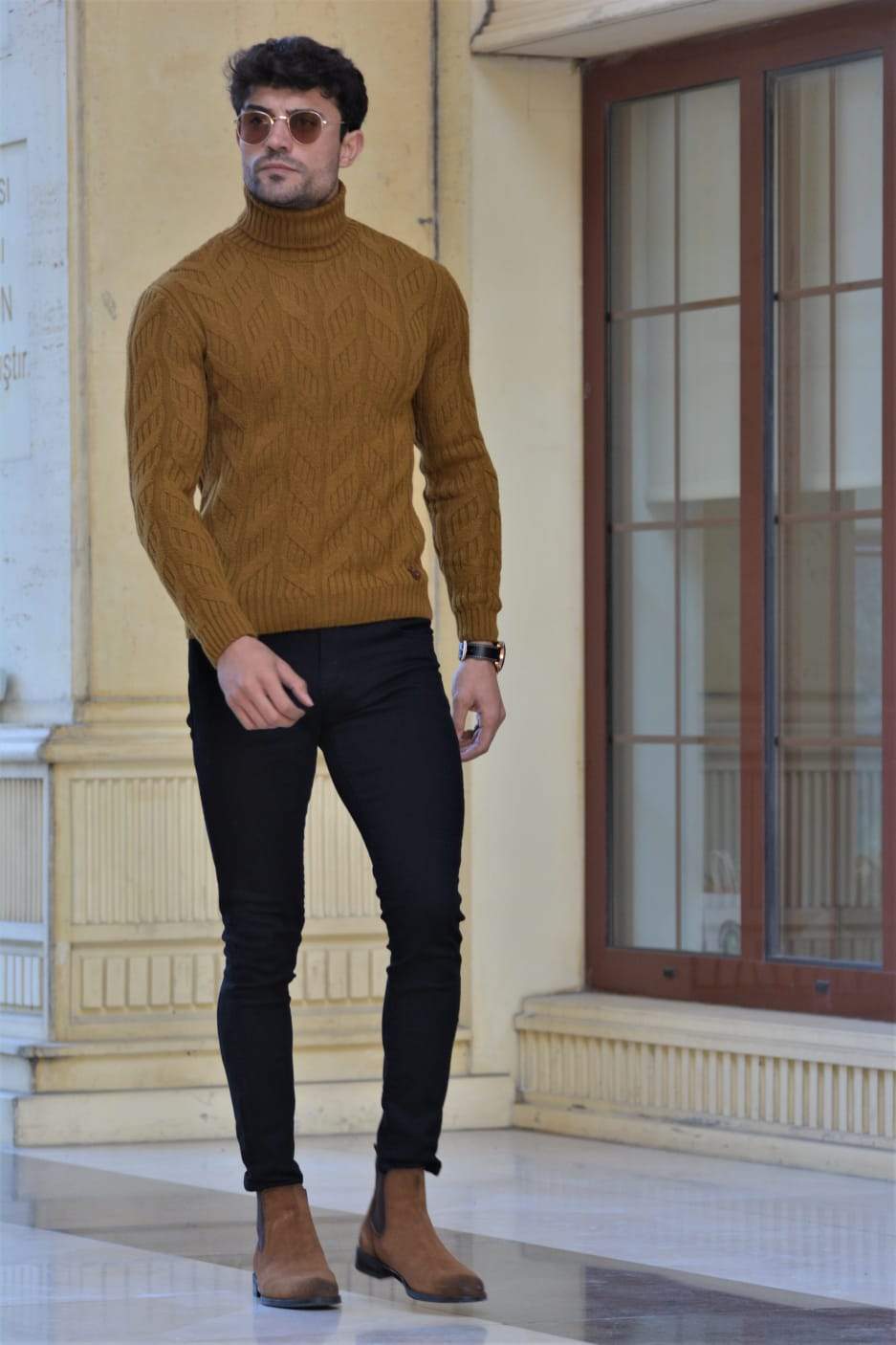 Vicenza Slim-fit Patterned Turtleneck wool Knitwear Camel-baagr.myshopify.com-sweatshirts-BOJONI