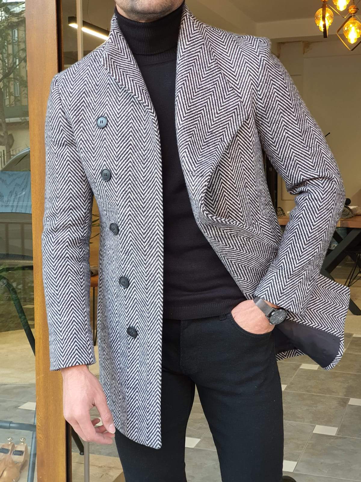 Saponi Slim-fit Collar Wool Coat Gray-baagr.myshopify.com-Jacket-BOJONI
