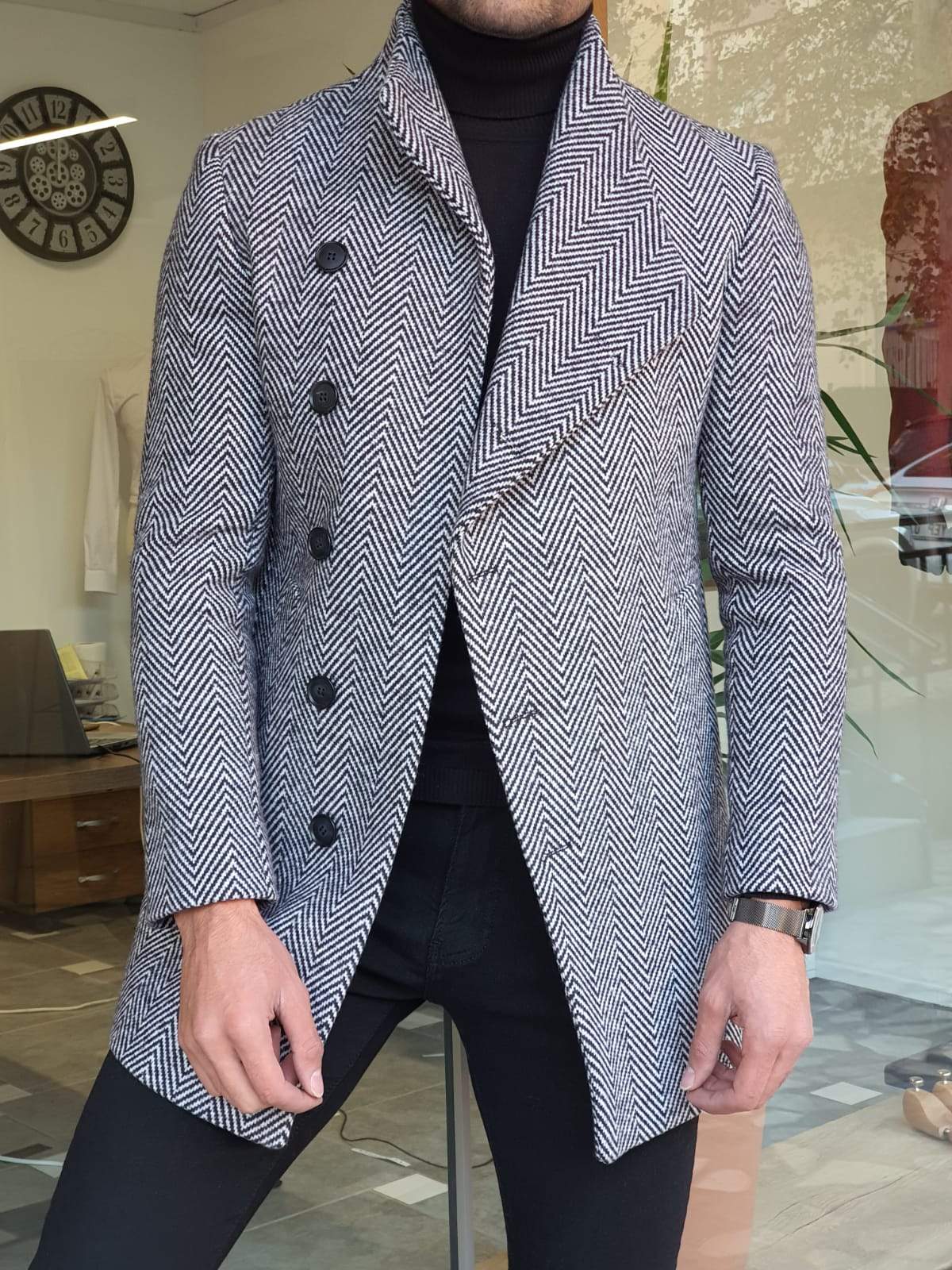 Saponi Slim-fit Collar Wool Coat Gray-baagr.myshopify.com-Jacket-BOJONI