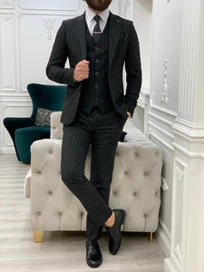 Bojoni Huntingron Striped Black Slim Fit Suit 