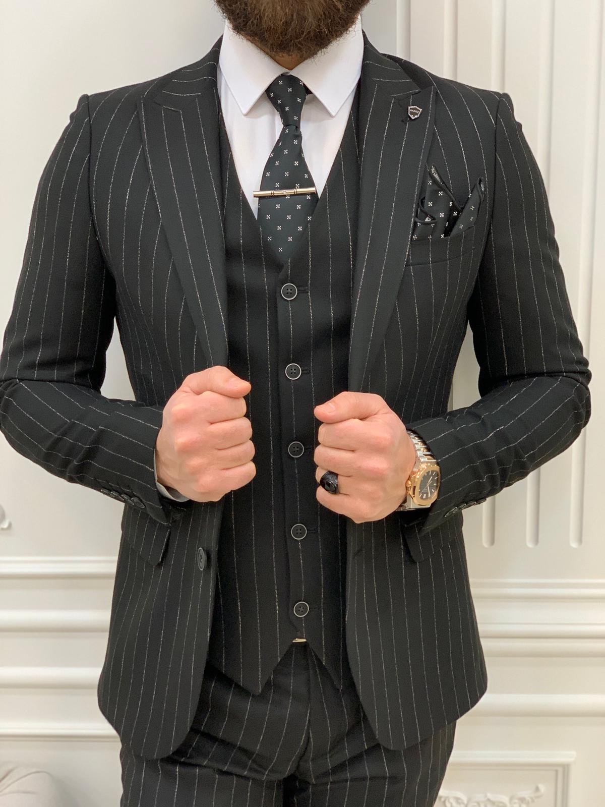 Bojoni Huntingron Striped Black Slim Fit Suit 