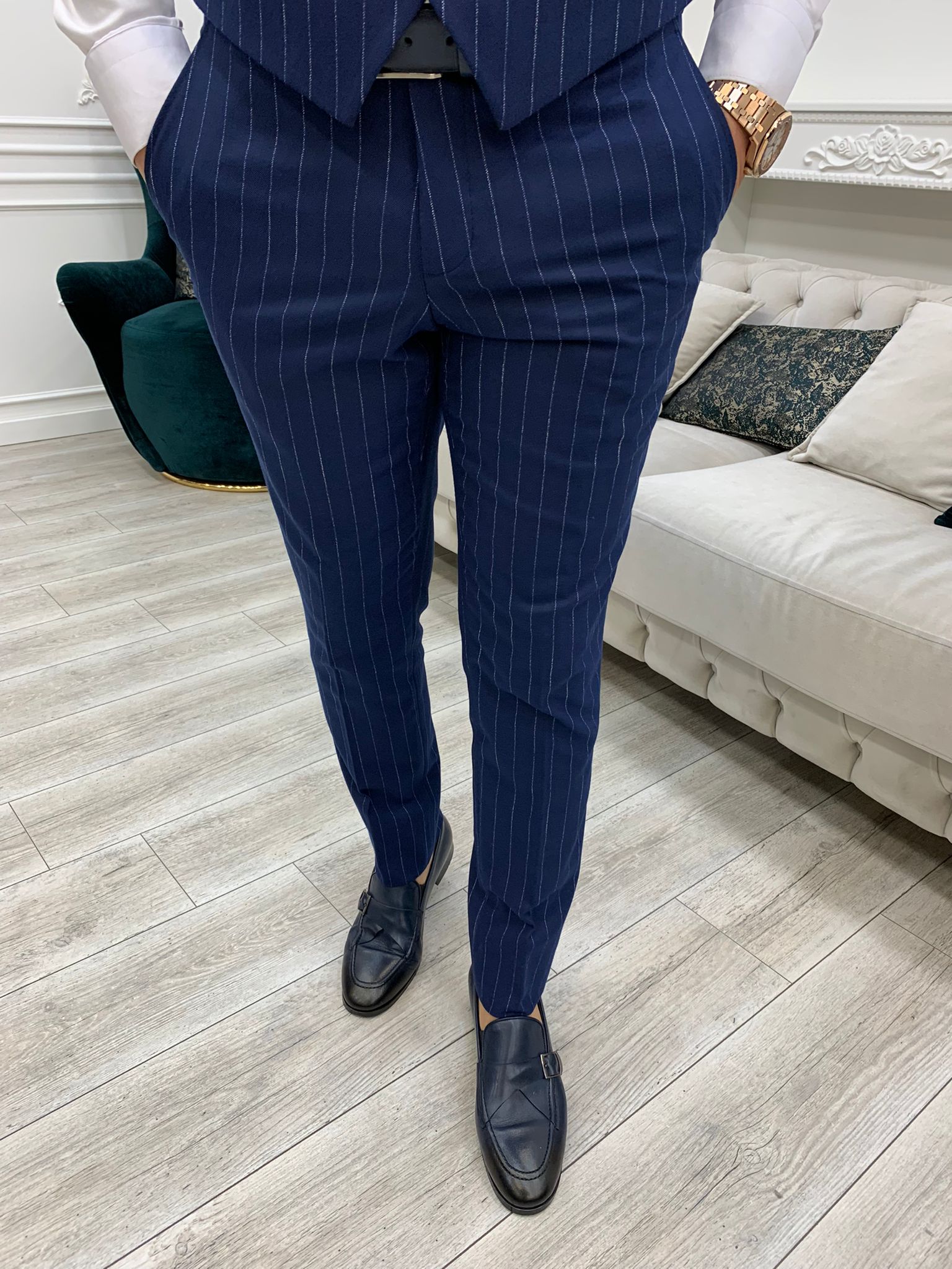 Bojoni Huntingron Striped Sax Slim Fit Suit 