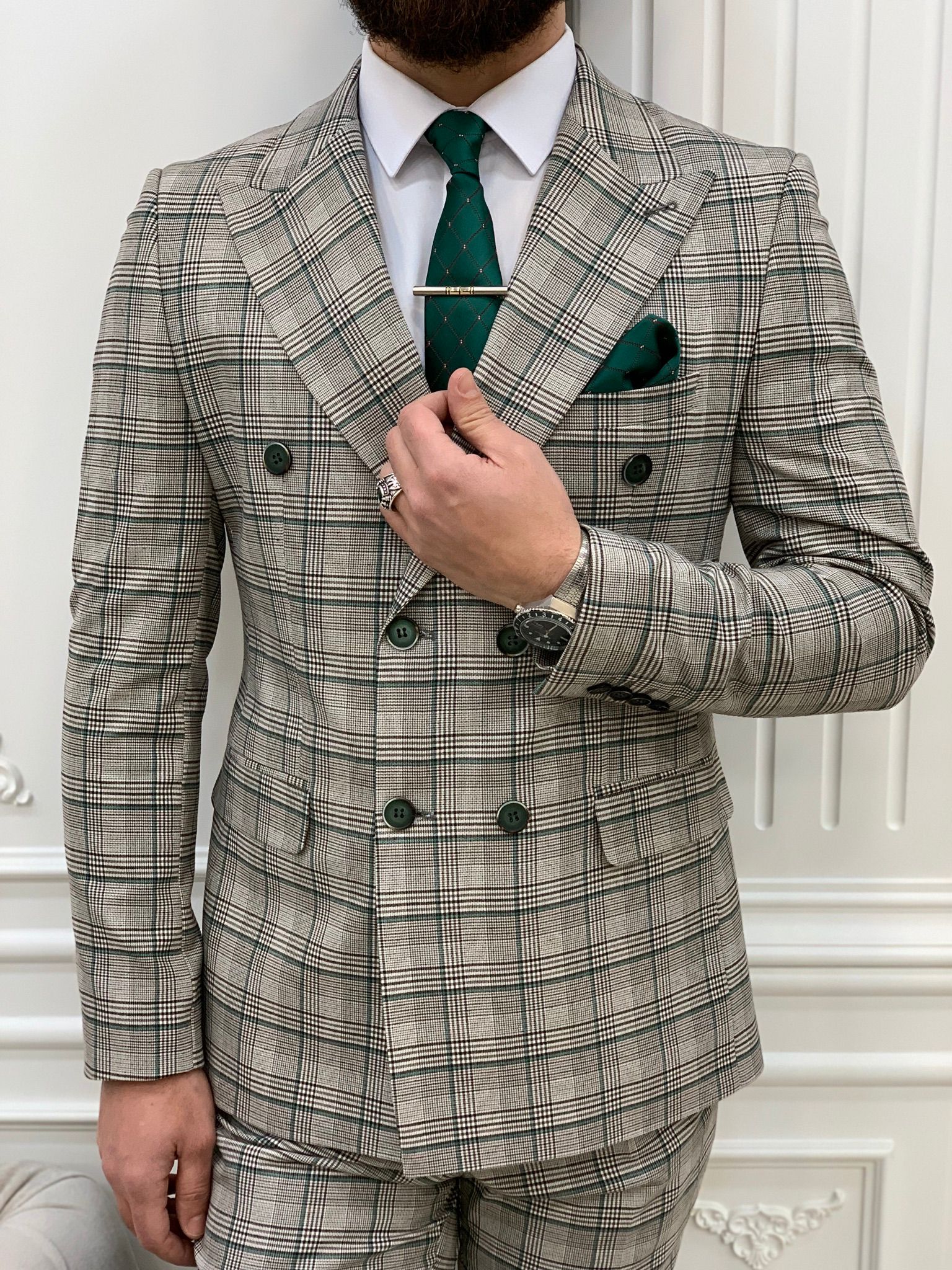 Bojoni Huntingron Double Breasted  Green Slim Fit Suit 