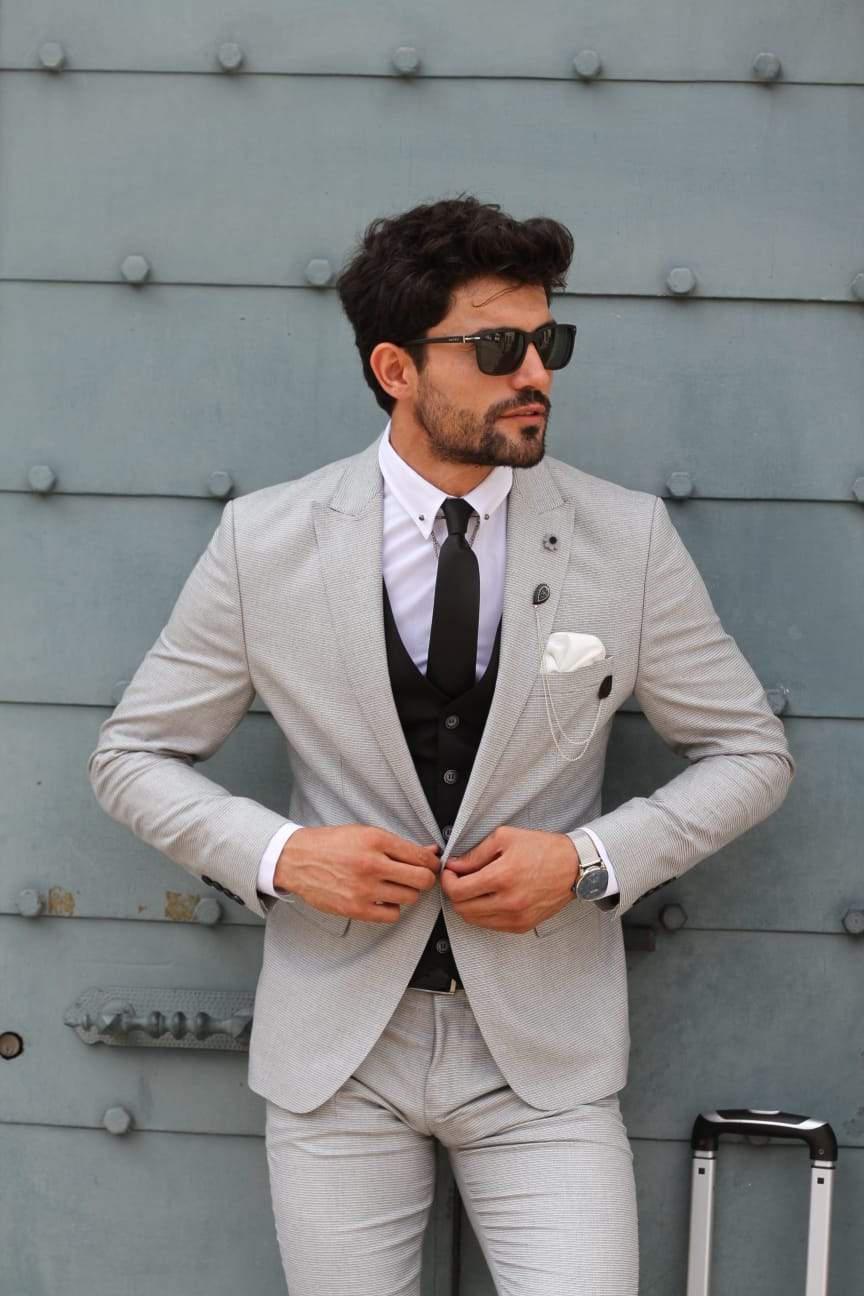 Bojo Slim-Fit Patterned Suit Grey ( BIG SIZES )-baagr.myshopify.com-suit-BOJONI