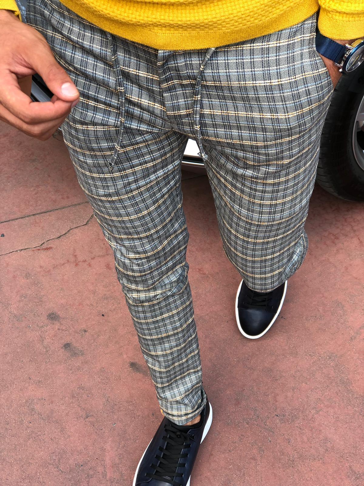 Cris Slim-fit Plaid Pants Grey & Mustard-baagr.myshopify.com-Pants-BOJONI