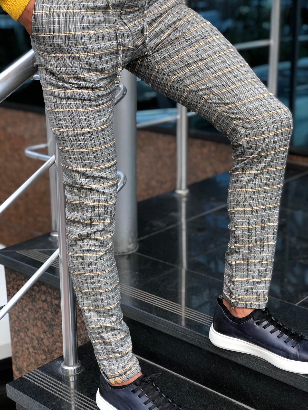 Cris Slim-fit Plaid Pants Grey & Mustard-baagr.myshopify.com-Pants-BOJONI