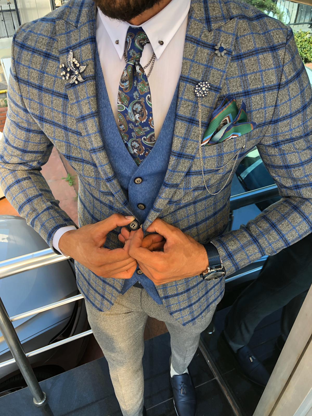 Slim-Fit Plaid Suit Vest Sax-baagr.myshopify.com-suit-BOJONI