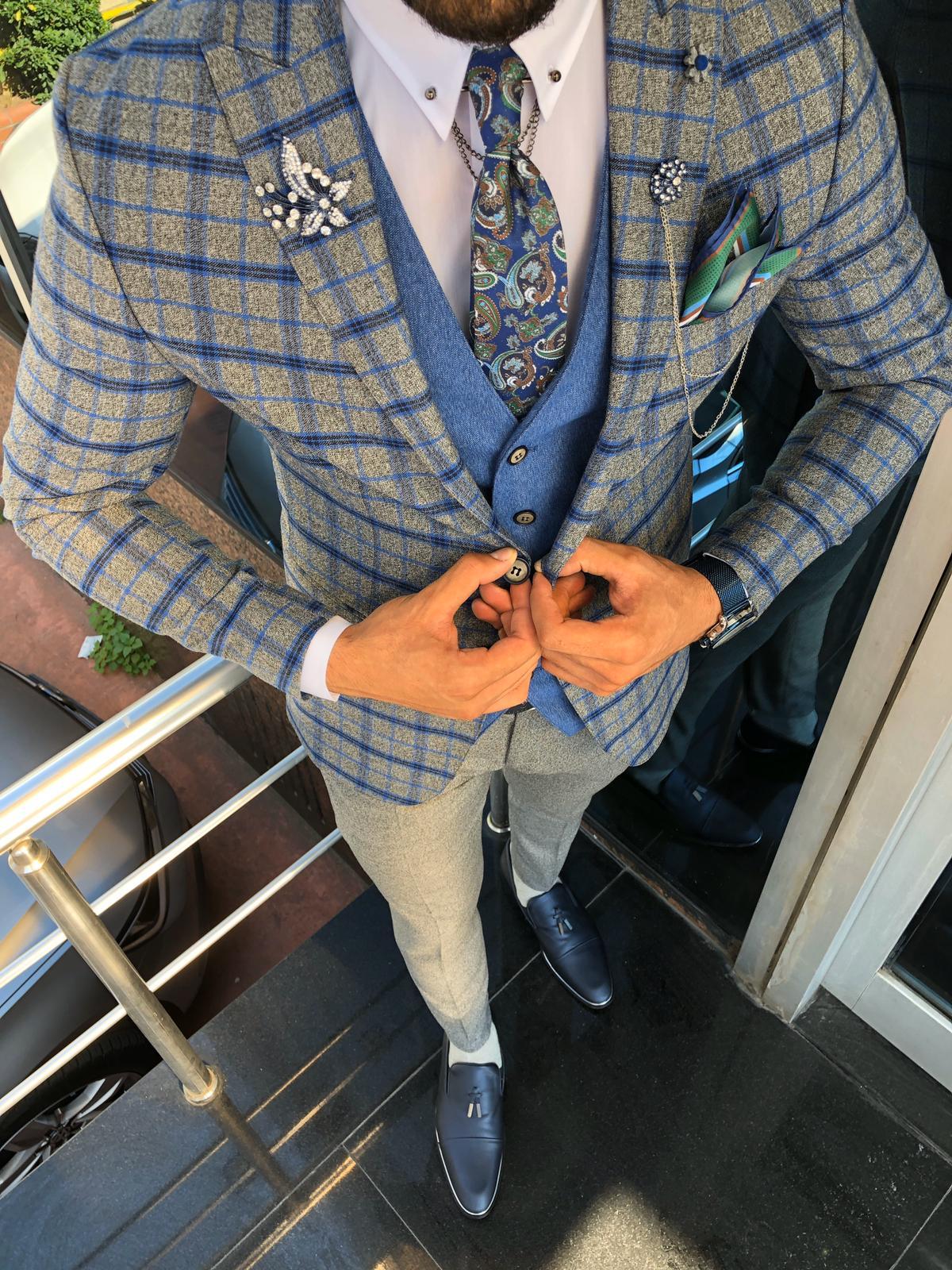 Slim-Fit Plaid Suit Vest Sax-baagr.myshopify.com-suit-BOJONI