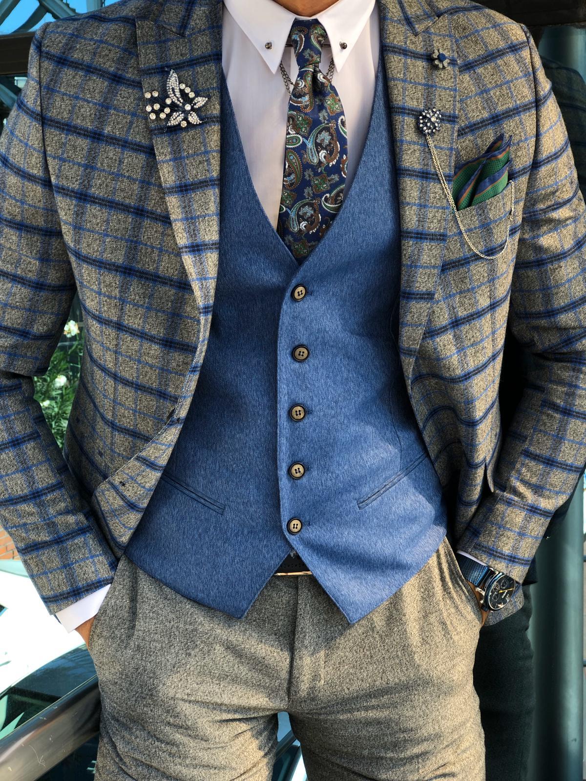 Slim-Fit Plaid Suit Vest Sax-baagr.myshopify.com-suit-BOJONI