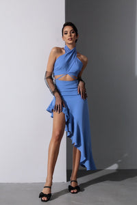 Viclans Asymmetric Ruffle Midi Blue Dress with Drawstring Waist 