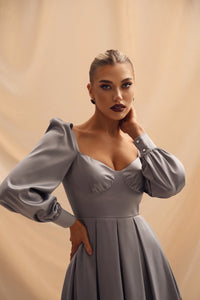 Viclans Satin Gray Dress with Corset Effect and Pleated Skirt 
