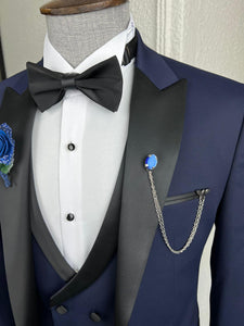 Luxe Slim Fit Patterned Navy Blue Dovetail Collared Tuxedo