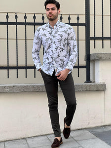 Bojoni Montebello Slim Fit High Quality Patterned White & Khaki Cotton Shirt