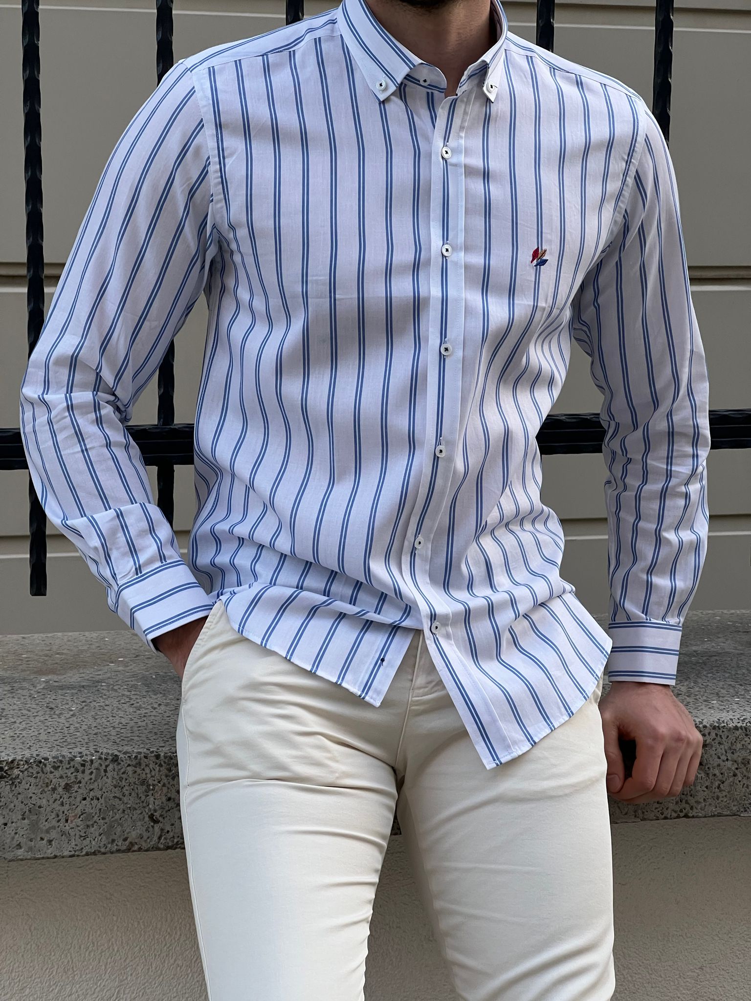 Bojoni Montebello Slim Fit High Quality Striped White & Blue Shirt