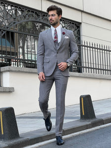 Bojoni Astoria Slim Fit Patterned Pointed Collared Gray Suit