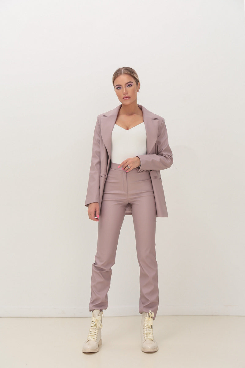 High Waisted Eco Leather Cigarette Purple Trousers 
