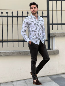 Bojoni Montebello Slim Fit High Quality Patterned White & Khaki Cotton Shirt