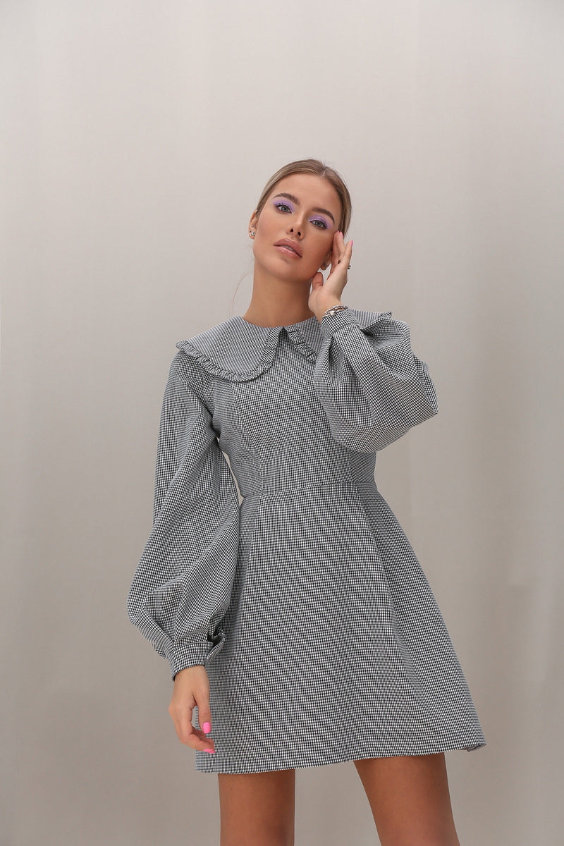 Plaid Light Gray Turndown Collar Dress 