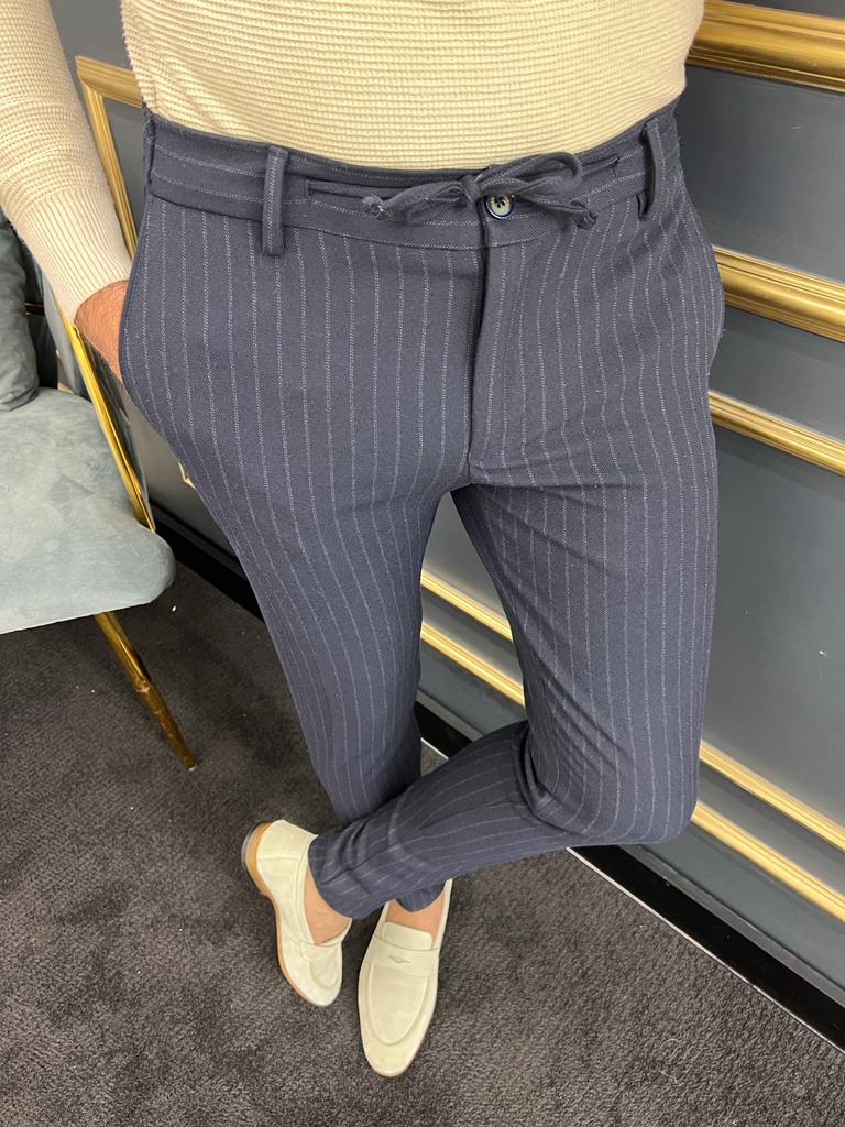 Thread Slim Fit Rope Detailed Dark Blue Stripe Trousers