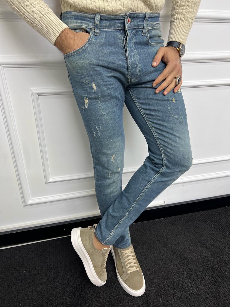 Leon Slim Fit Ripped Blue Lycra Jeans