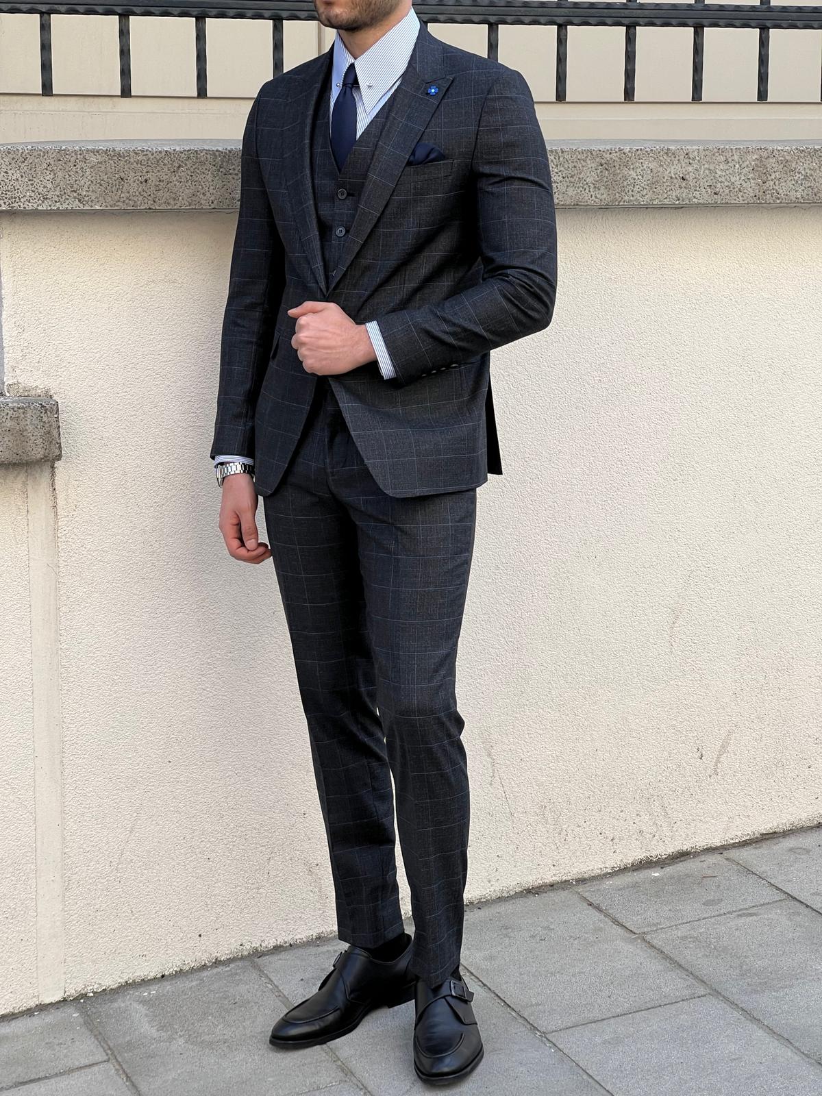 Bojoni Montebello Slim Fit High Quality Plaid Woolen Black Suit