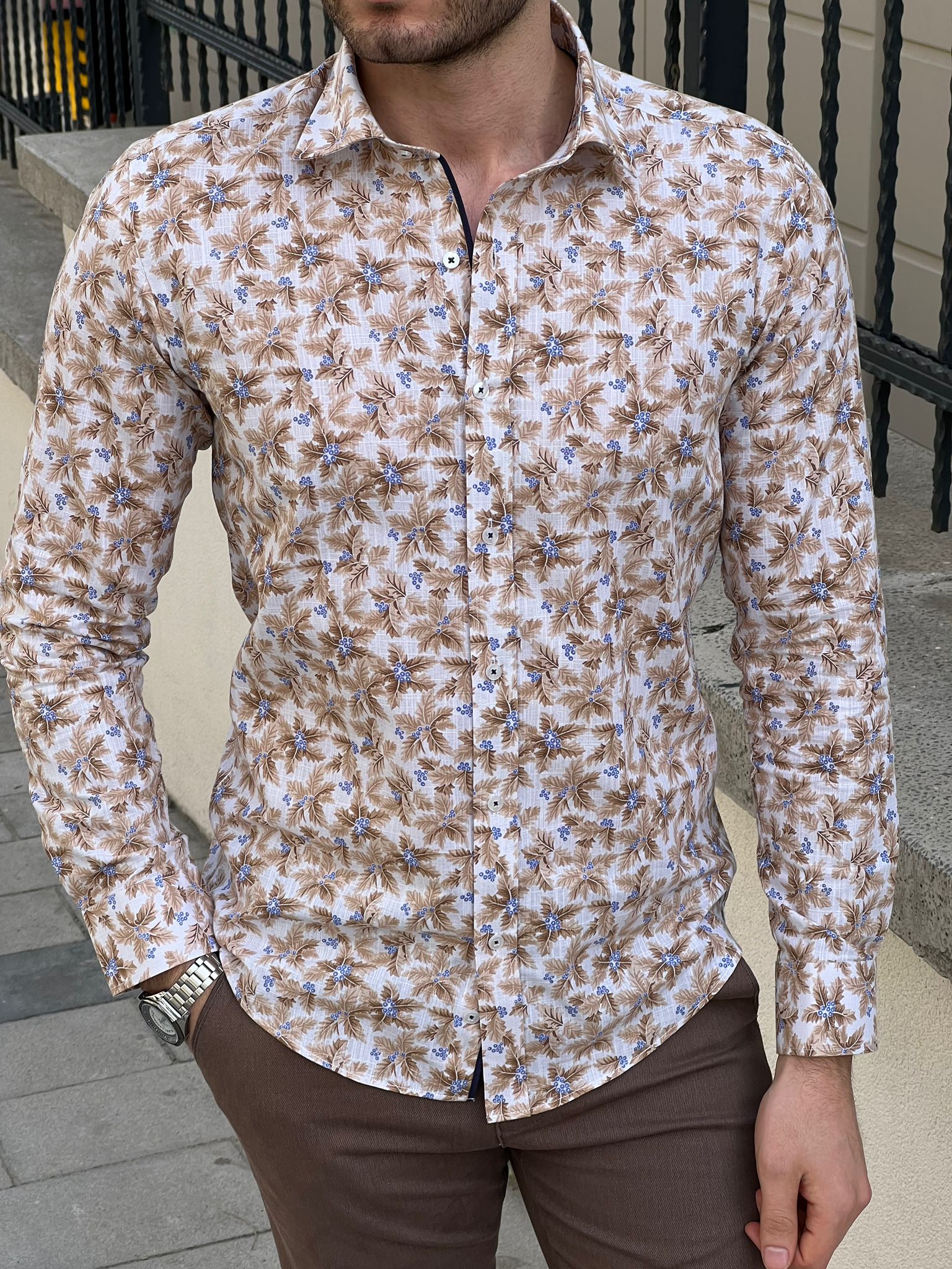 Bojoni Montebello Slim Fit High Quality Patterned Beige Cotton Shirt