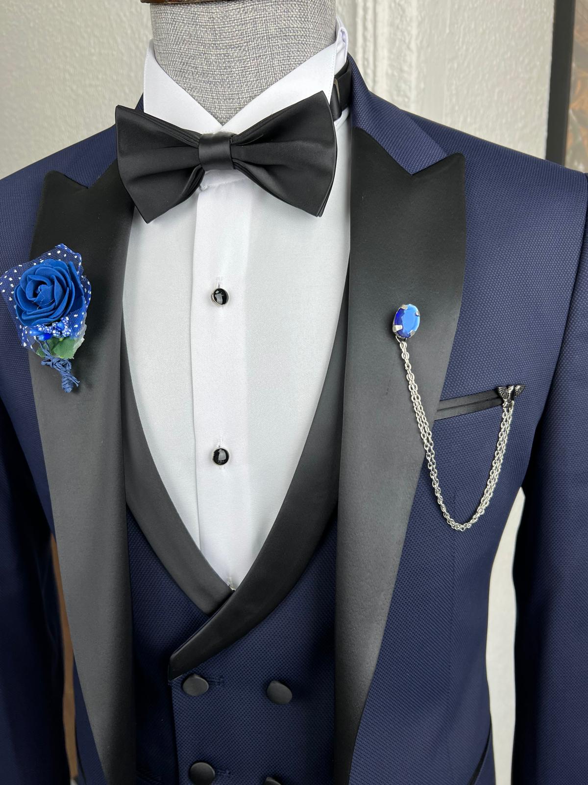 Luxe Slim Fit Patterned Navy Blue Dovetail Collared Tuxedo