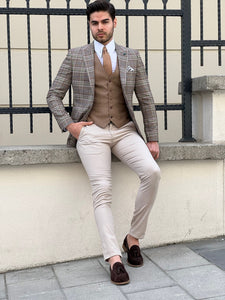 Bojoni Montebello Slim Fit High Quality Plaid Wool Beige Suit