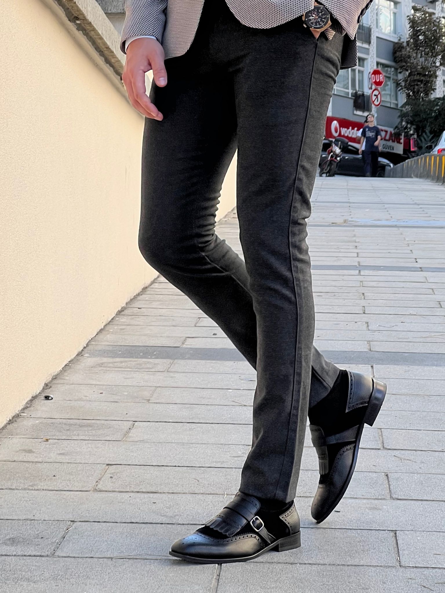 Bojoni Astoria Slim Fit High Quality Gray Patterned Anthracite Pants
