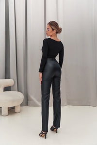 High Waisted Eco Leather Cigarette Black Trousers 