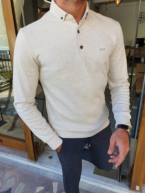 Verno Beige Slim Fit Long Sleeve Polo Shirt-baagr.myshopify.com-sweatshirts-BOJONI