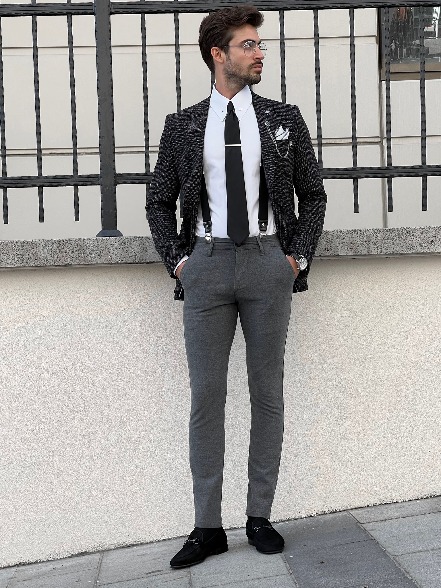 Bojoni Astoria Slim Fit High Quality Mono Collar Knitted Black Blazer