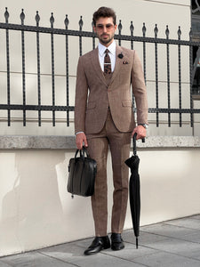 Bojoni Astoria Slim Fit Patterned Pointed Collared Camel Suit