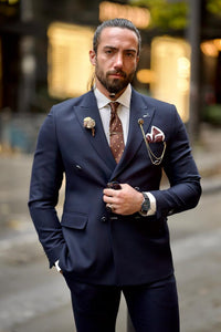 Leon Slim Fit Double Breasted Blue Detailed Suit