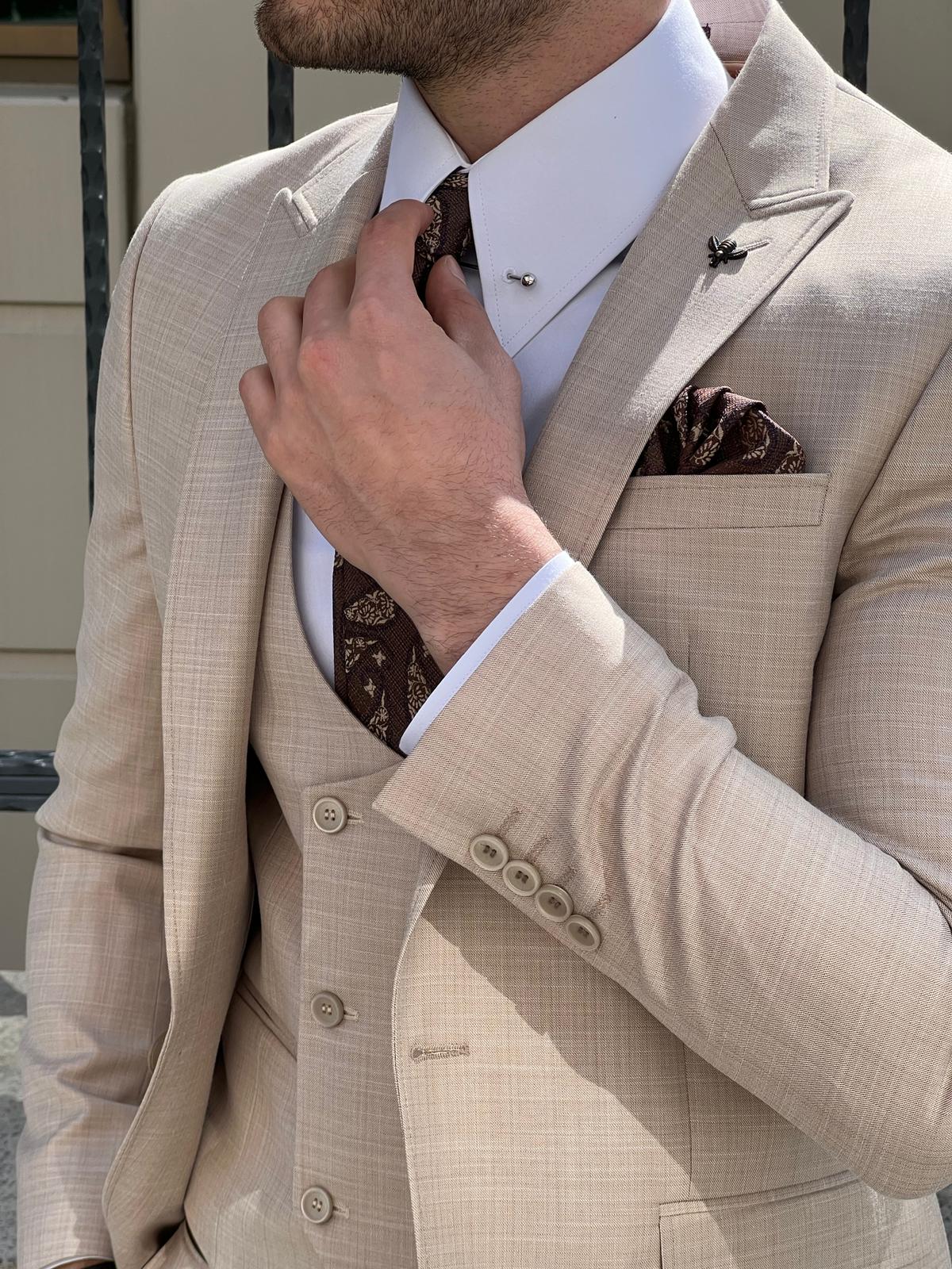 Bojoni Montebello Slim Fit Self-Patterned Woolen Beige Suit