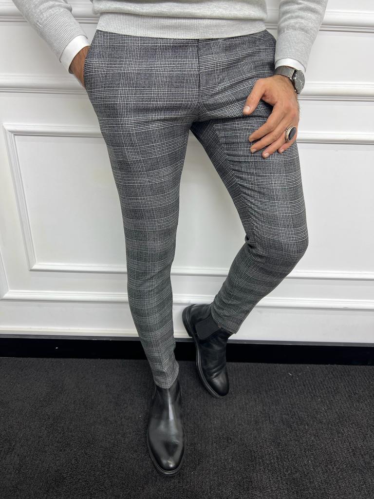Leon Slim Fit Plaid Striped Grey Pants | VICLAN