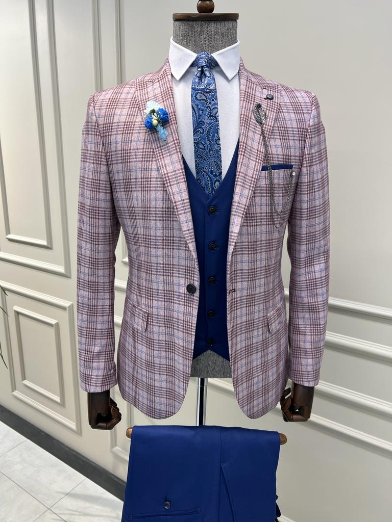 Benson Slim Fit Plaid Striped Combination Blue Suit