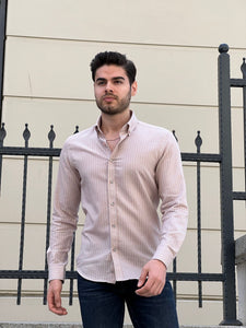 Bojoni Montebello Slim Fit High Quality Striped Cotton Beige Shirt