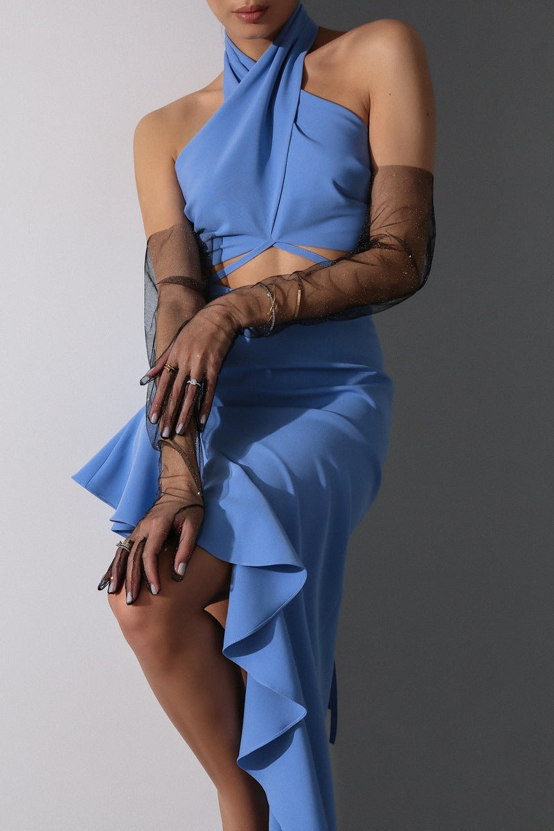 Viclans Asymmetric Ruffle Midi Blue Dress with Drawstring Waist | VICLAN Viclans Asymmetric Ruffle Midi Blue Dress with Drawstring Waist | VICLAN