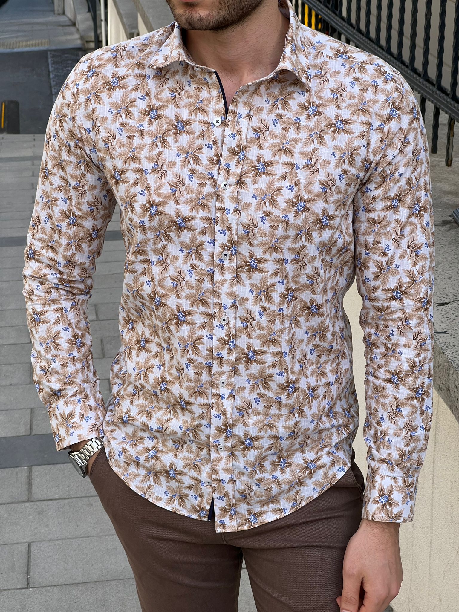 Bojoni Montebello Slim Fit High Quality Patterned Beige Cotton Shirt