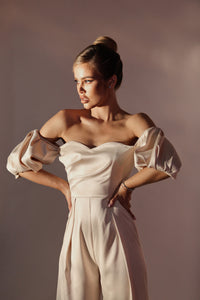 Viclans Off-The-Shoulder Satin Cream Jumpsuit with Puffy Sleeves 
